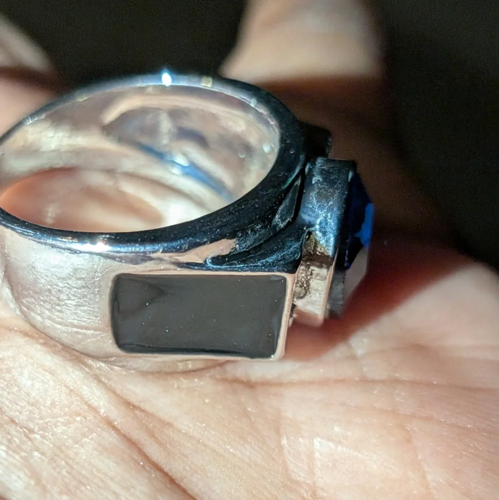 Elegant Silvery and Blue Men's Gemstone Ring Sz 8
